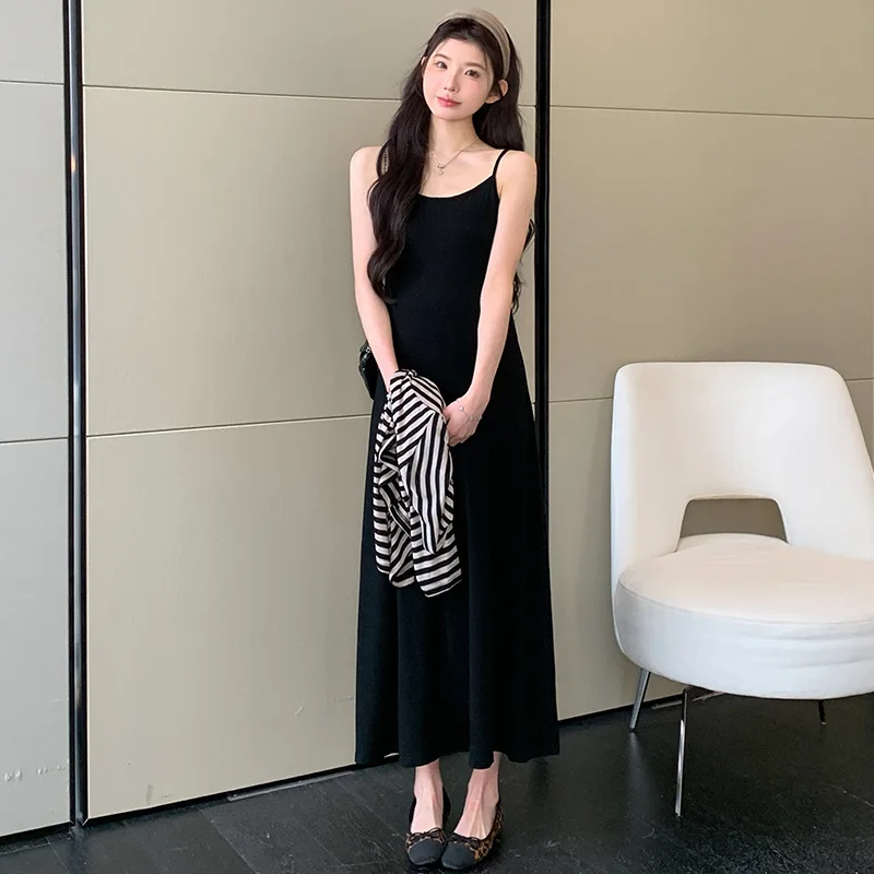 Maternity Suit Summer Black Spaghetti Strap Dress and Striped Long Sleeve Off Shoulder T Shirt for Pregnant Women 2026