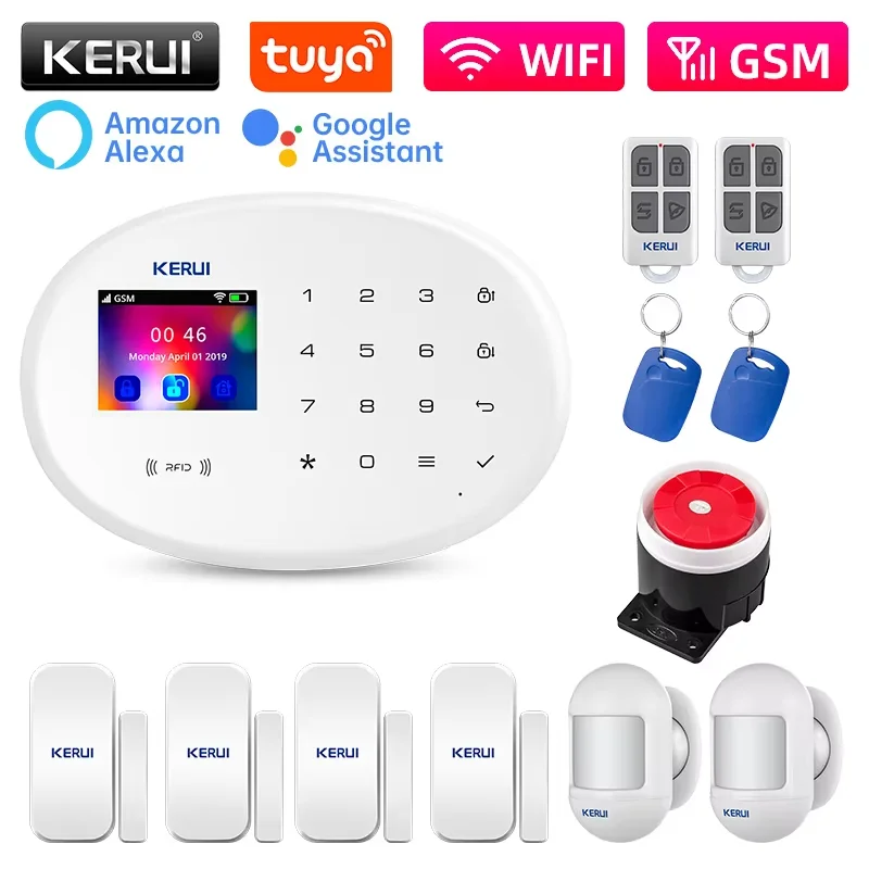 

KERUI Tuya Умная домашняя охранная сигнализация Alexa WiFi GSM Комплект домашней сигнализации с PIR-детектором, датчик открытия двери W202 Охоронная сигнализация