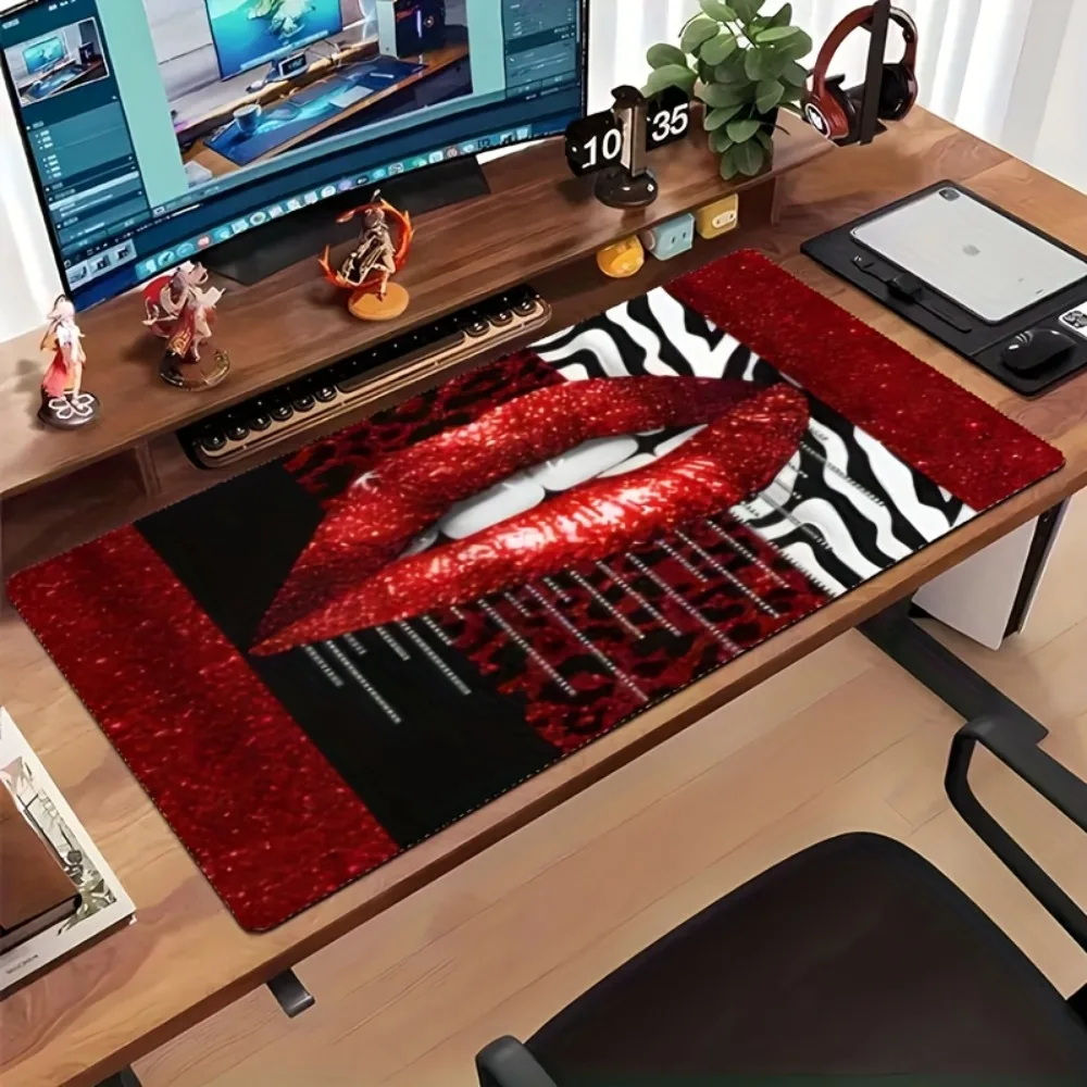 It features shiny red lips, leopard print and zebra print designs computer desk accessories cute mouse pad 팜레스트 장패드