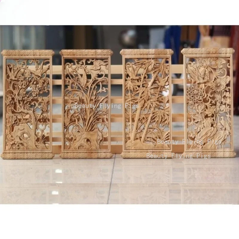 4PCS/SET Wooden Carved Ornaments, Plum/Orchid/Bamboo/Chrysanthemum Hollow Decal, Wall Mounted Decoration, Chinese Home Decor