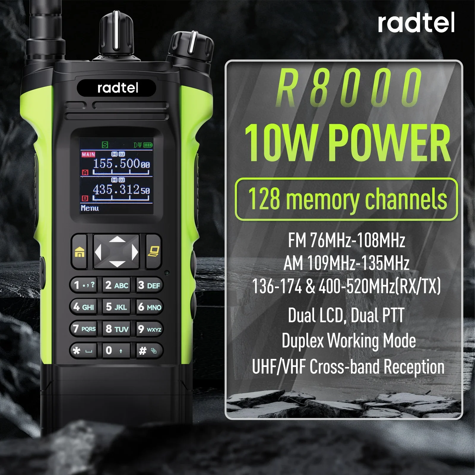 Radtel R8000（APX-8000)136-174/400-520Mhz Ham Radio Dual Display Air Band Walkie Talkie Long Range Portable Two-Way Radio