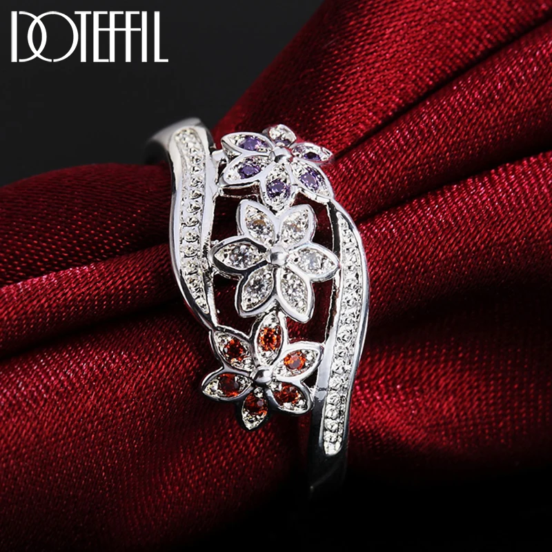 

DOTEFFIL 925 Sterling Silver Flower Colorful AAAAA Zircon Ring For Woman Fashion Wedding Engagement Party Charm Jewelry