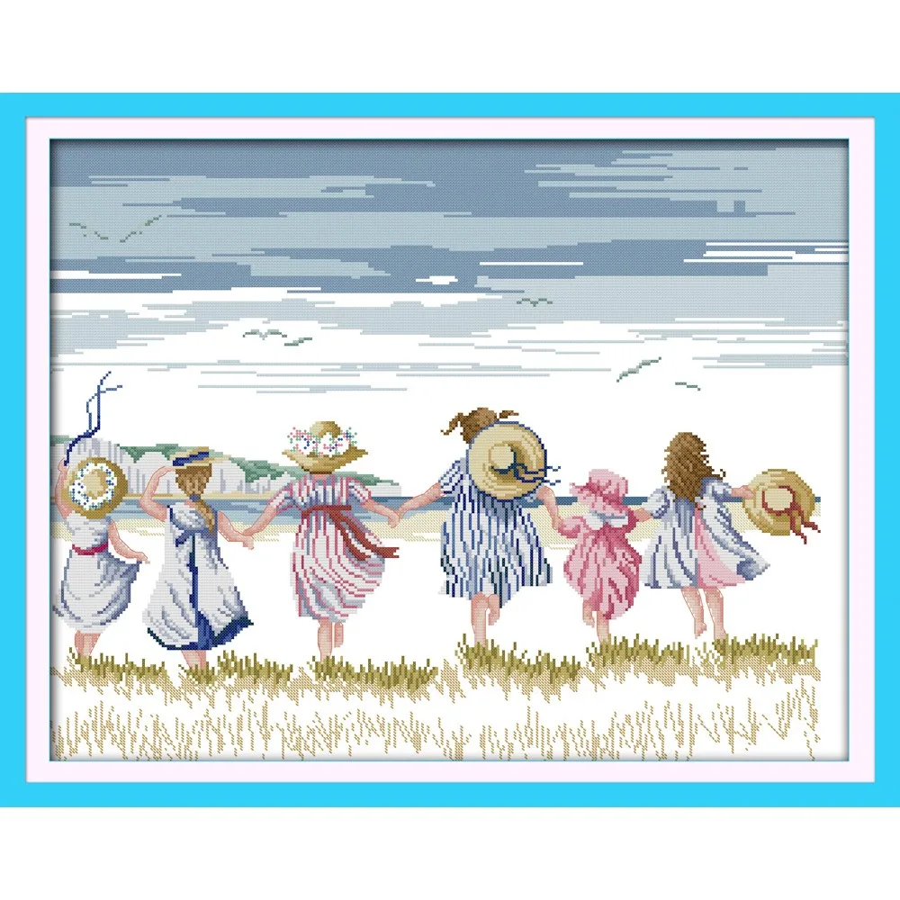 

Joy Sunday New Stamped Cross Stitch Kit,11/14/16CT DIY Easy Pattern Aida Fabric Embroidery Set-Sisters