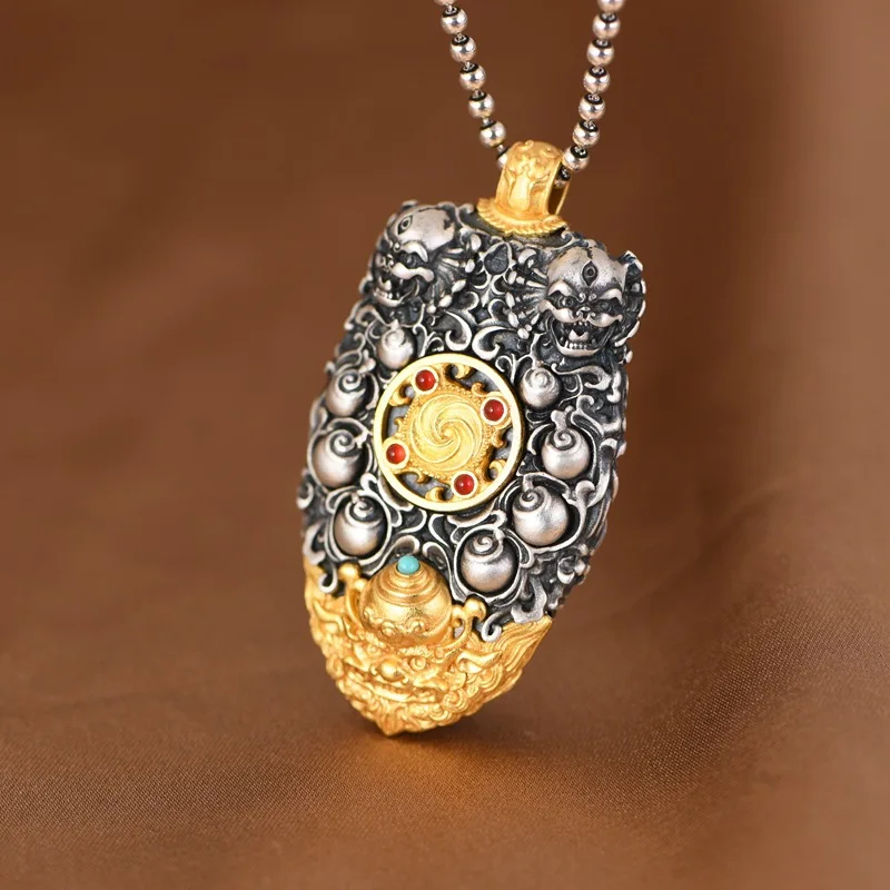 

Кулон с черепом, раковиной и снежным львом, позолоченный, винтажный мужской талисман из серебра S925 без цепочки
