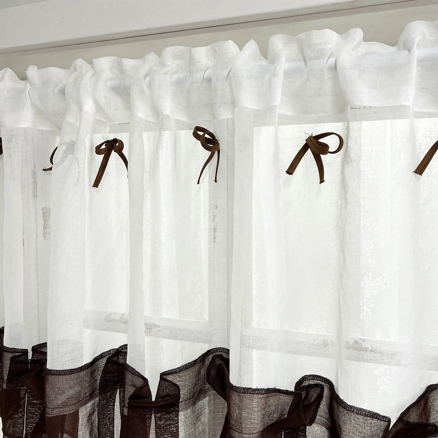 Coffee Bow Pleats Ruffles Short Curtain Valance for Kitchen, Cabinet, Cafe, Farmhouse,Bedroom Small Window Curtains