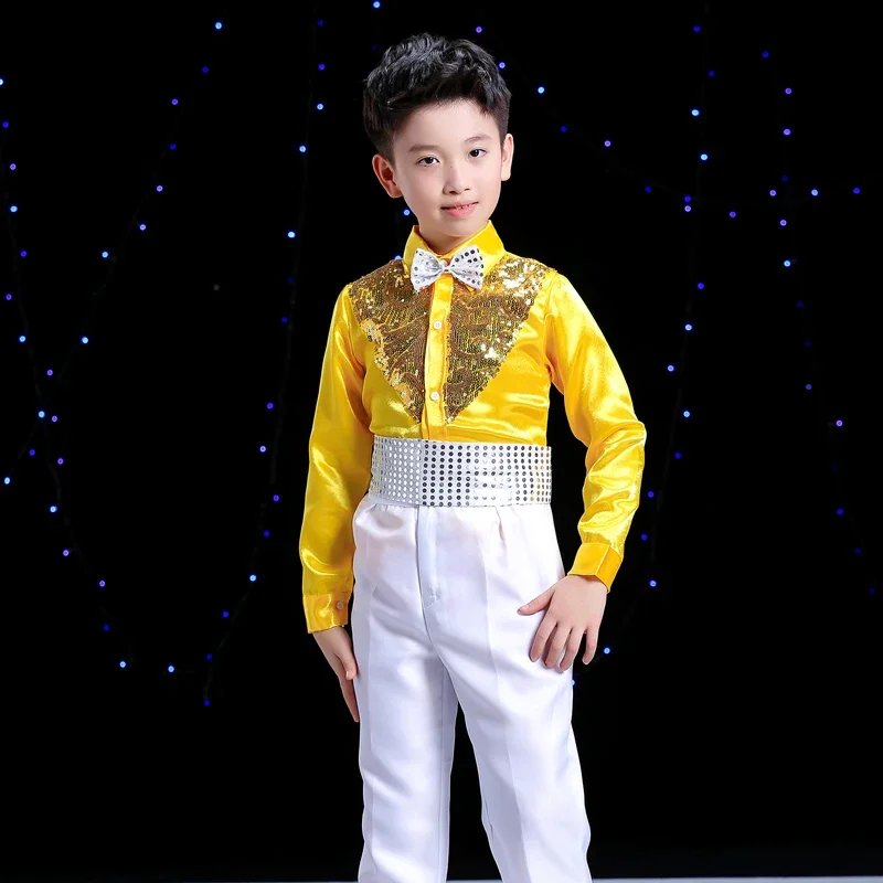 Jungen Hip Hop Kostüm Pailletten Shirts Weiße Hosen Anzug Jazz Kostüme Kinder Bühne Tanzen Outfit Kinder Street Show Tragen