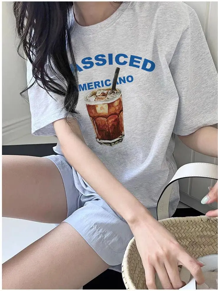 Hong Kong style lazy style pure cotton short-sleeved T-shirt for women summer new retro funny print loose shoulder y2k tops emo