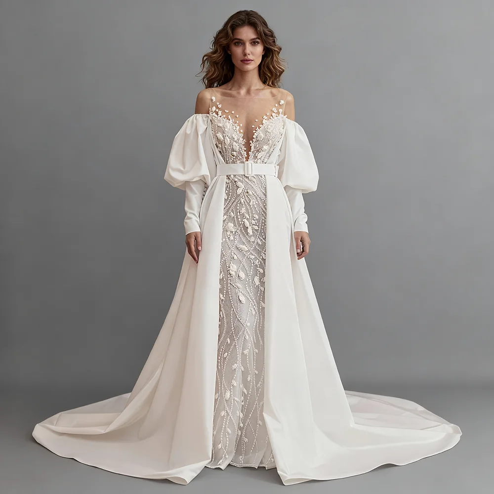 

V Neck Mermaid Beads Wedding Dress Off Shoulder Long Sleeve Bespoke Occasion Dresses for Special Occasions Elegant Party Dresses