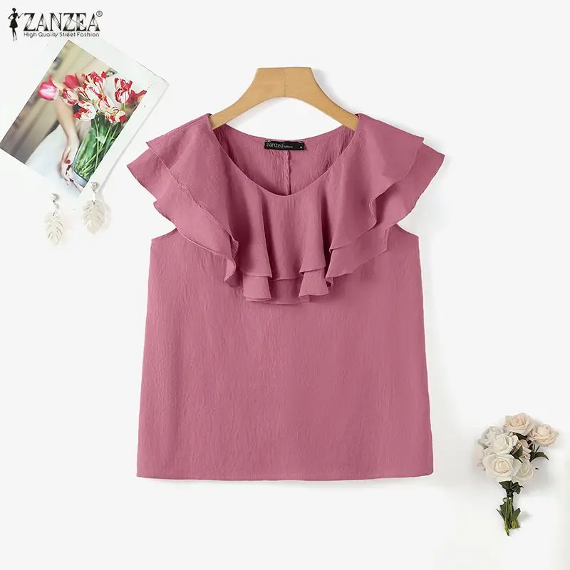 ZANZEA mode chemisier à volants femmes manches courtes col rond décontracté solide chemises 2026 élégant hauts ample élégant bureau dame OL tunique