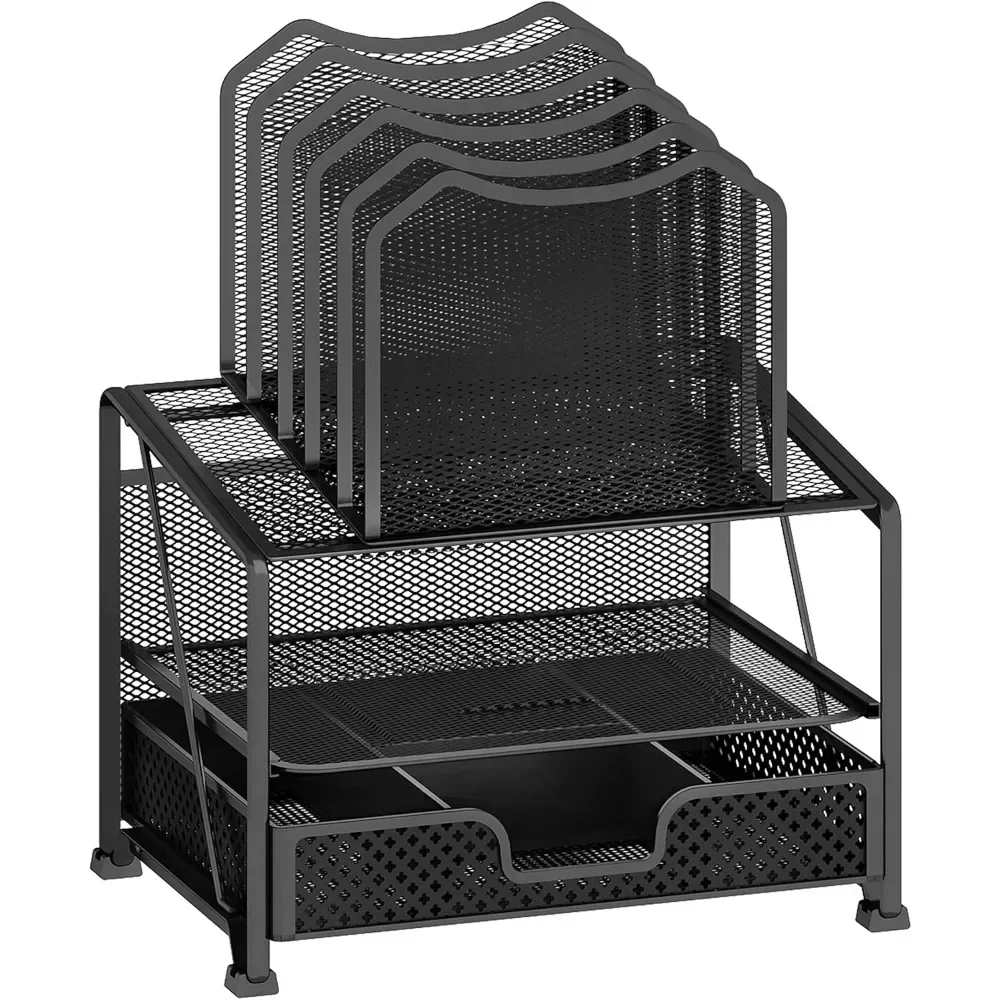 Mesh Desk Organizer with Sliding Drawer, Double Tray with 5 Sections File Bookshelf, Black