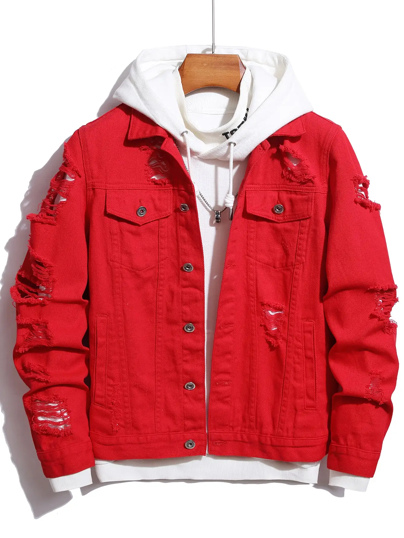 Men's Red Large Ripped Frayed Denim Jacket — Lapel Single-Breasted Distressed Torn Grunge Casual Jacket