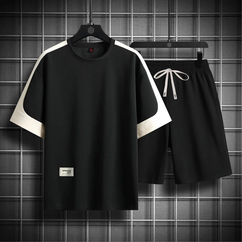 Chรกndales blancos y negros para hombre, Conjunto de camiseta de manga y pantalones cortos, ropa deportiva de marca, de gran tamaรฑo 5XL traje