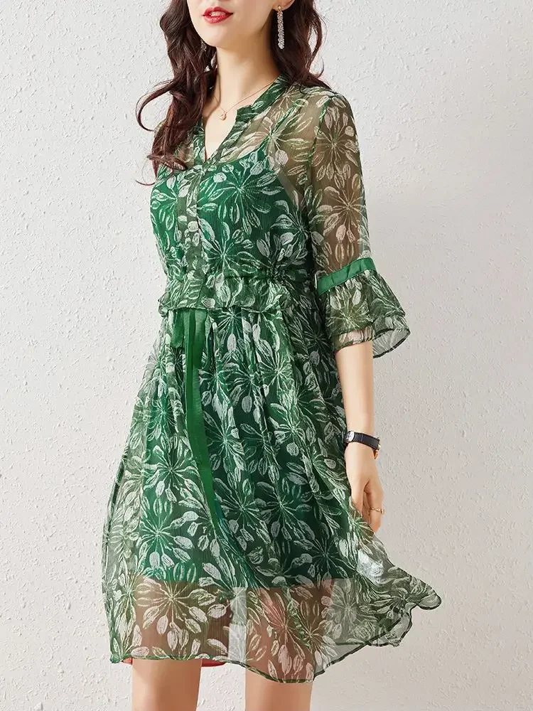 Floral Silk Dress Vintage Dress V-neck Sexy Summer Dress Women Clothing Green Elegant Suspender Dresses Vestidos De Mujer Zm635