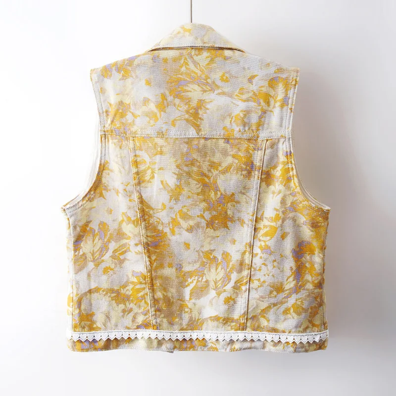 2026 Vestes High End Lace Printed Denim Vest Women's Short Sleeveless Top Jeans Jacket Female Waistcoat Outdoor Coat Tide