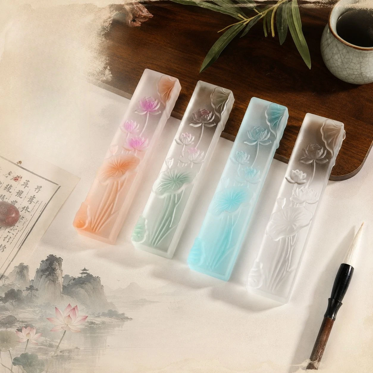 New Chinese Lotus Crystal Glass Paperweight Transparent Liuli Calligraphy Ink Box Brush Rest Four Treasures Study Decor Gift