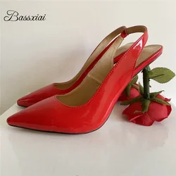 Unique Rose Flower Heel Women Pumps Genuine Leather Slingbacks Sexy Pointed Toe Dress Shoes For Girls