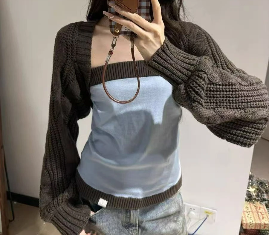 

Color Block Knitted Slim Fit Women's Autumn Casual Versatile Two-Piece Top Set