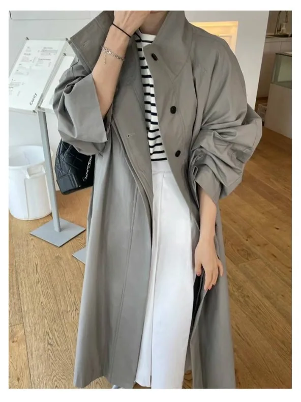 

Chic Autumn Winter Stand Collar Single Button Loose Color Midi Length Coat Women's Outerwear Long Sve Full Length