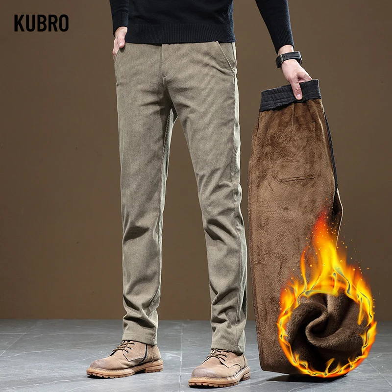 KUBRO-Pantalones clásicos de forro polar para hombre, ropa informal, ajustada, recta, moda coreana, elegante, versátil, cálida, Y2K, Otoño e Invierno