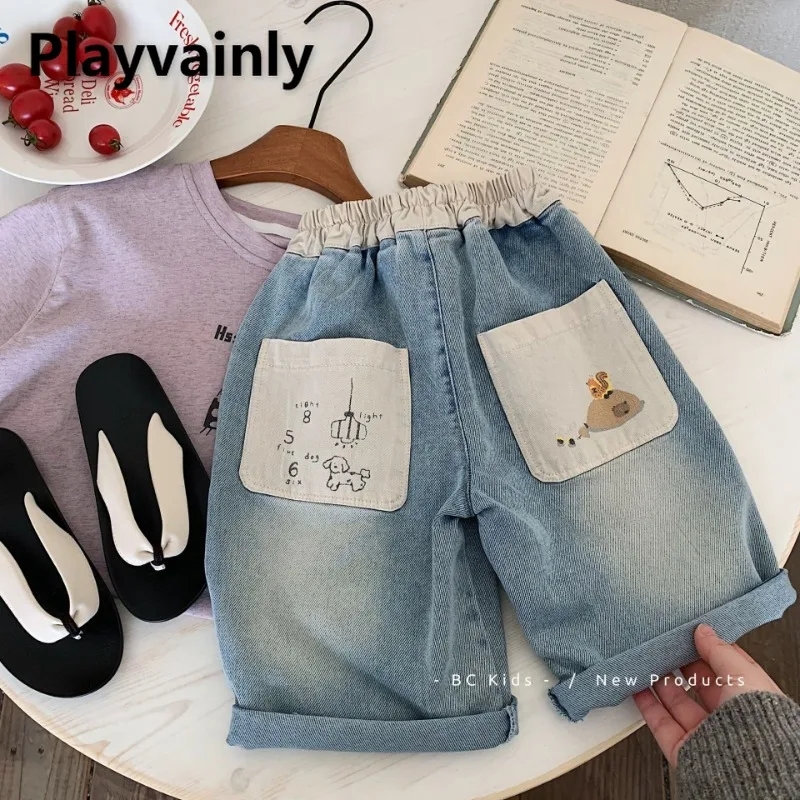 

Summer Children Casual Shorts Boys and Girls Patchwork Color Loose Straight Leg Denim Shorts Kids Daily Versatile Trousers H0186