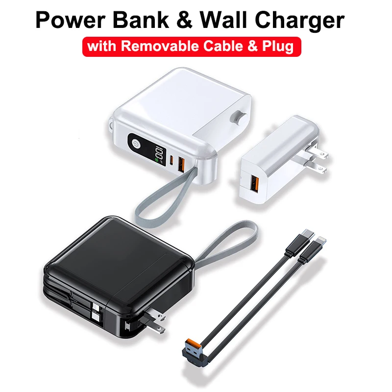 Power Bank 30000mAh With Cable AC Plug Wall Charger 22.5W Fast Charging Powerbank for iPhone 16 Samsung Xiaomi External Battery