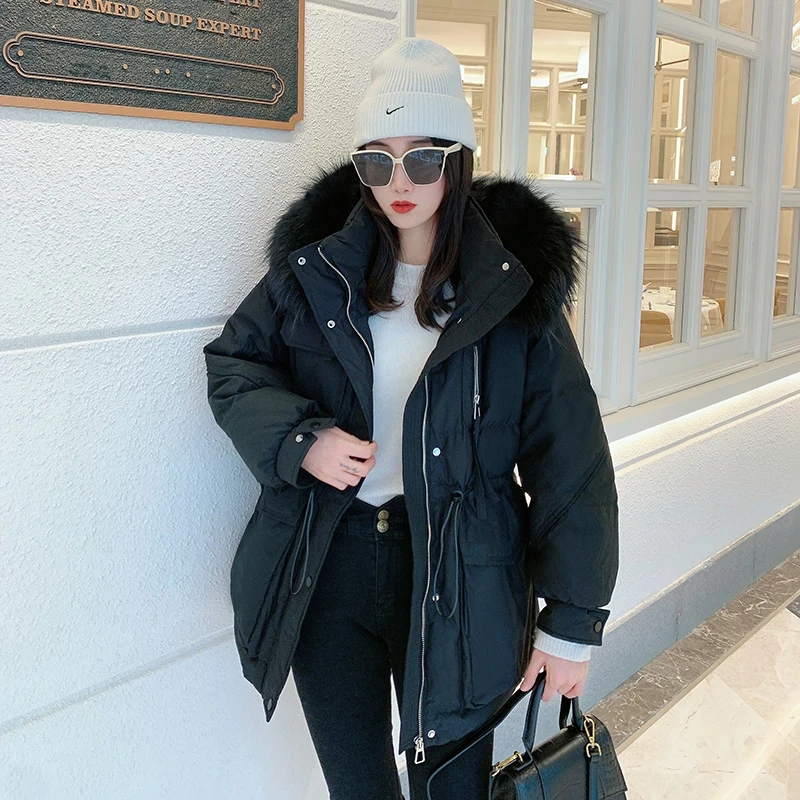 

Winter Hooded Natural Large Fur Collar Down Jacket Women White Duck Down Warm Parker Outwear Female Drawstring Mid Length Jacket