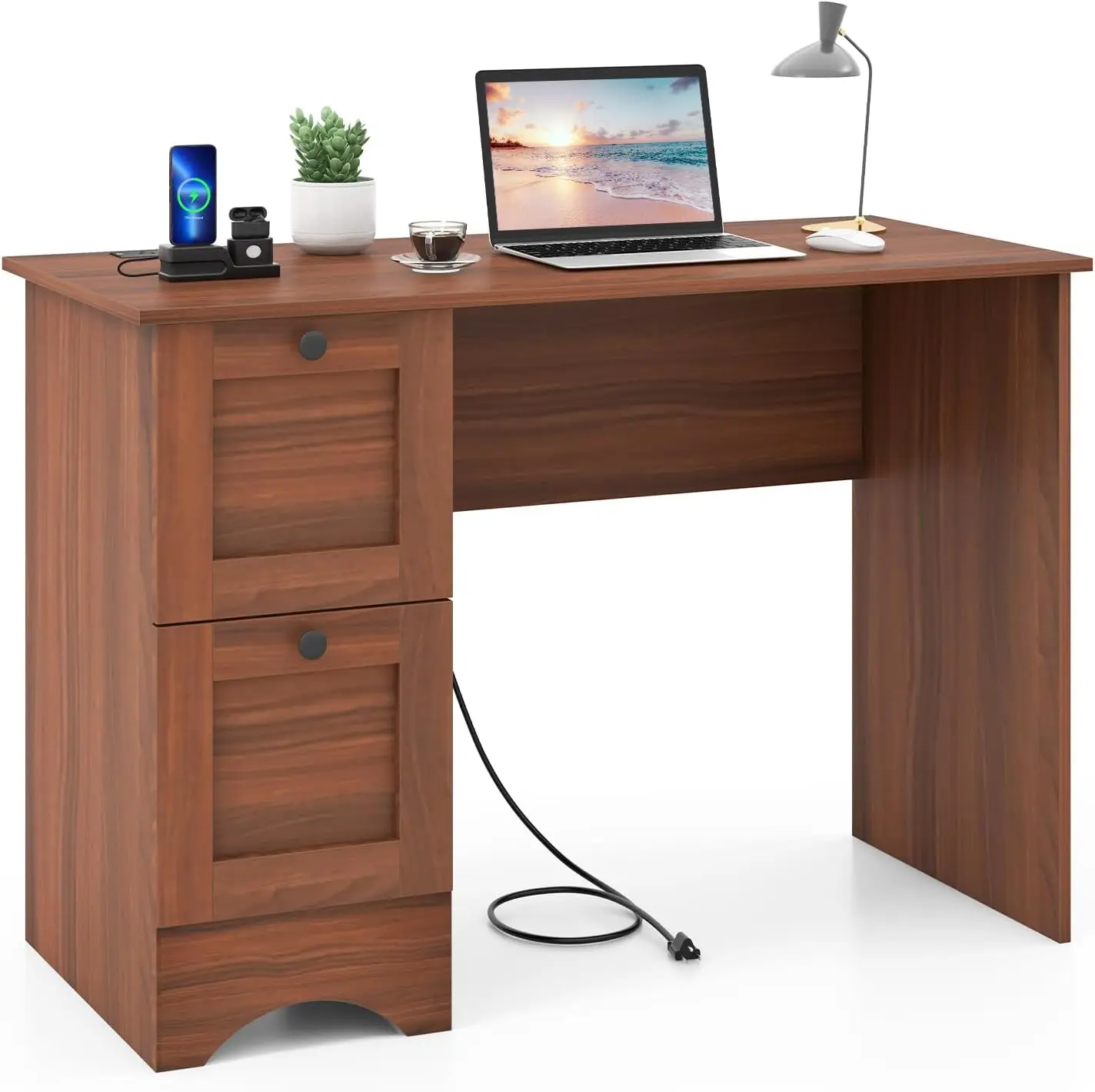 

Computer Desk with Drawers & Charging Station, Wooden Home Office Desk PC Laptop Notebook Desk, Compact Study Desk Writ