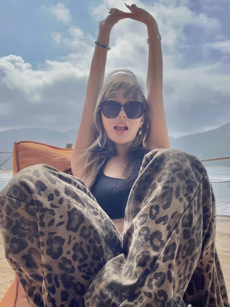 سراويل جينز فضفاضة واسعة الساق للنساء ، كلاسيكية ، كاجوال ، بنطلون عالي الخصر ، شارع ، فهد ، مستقيم ، موضة ، Y2K ، s