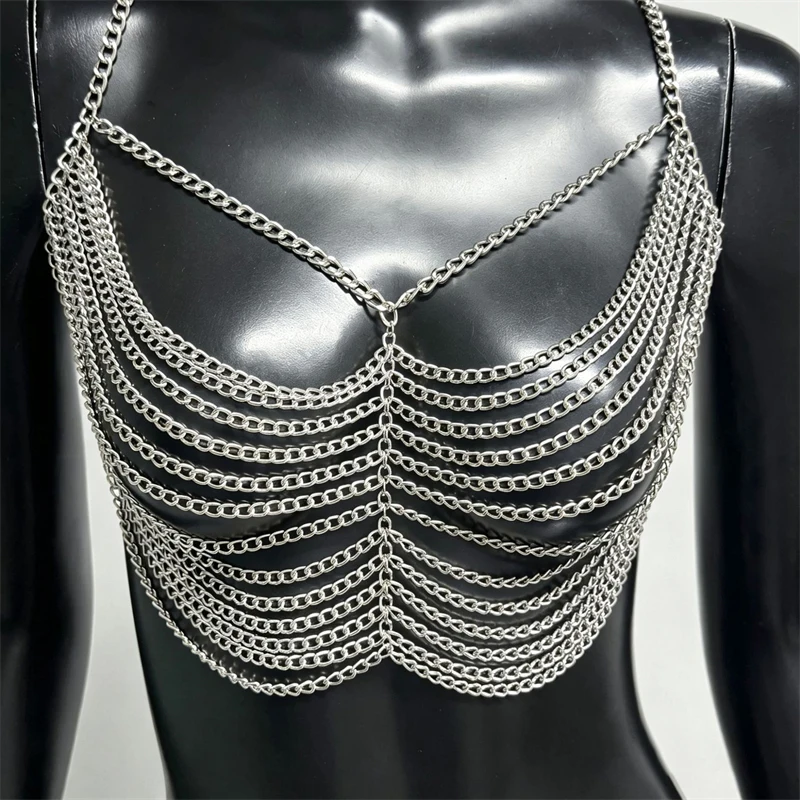Damen Mehrlagige Ketten-BH-Körperkette Sexy Metall-Riemen Bustier Y2K Top Handgefertigt Nachtclub Party Festival Roupas+Feminina 2026 – Detail 8