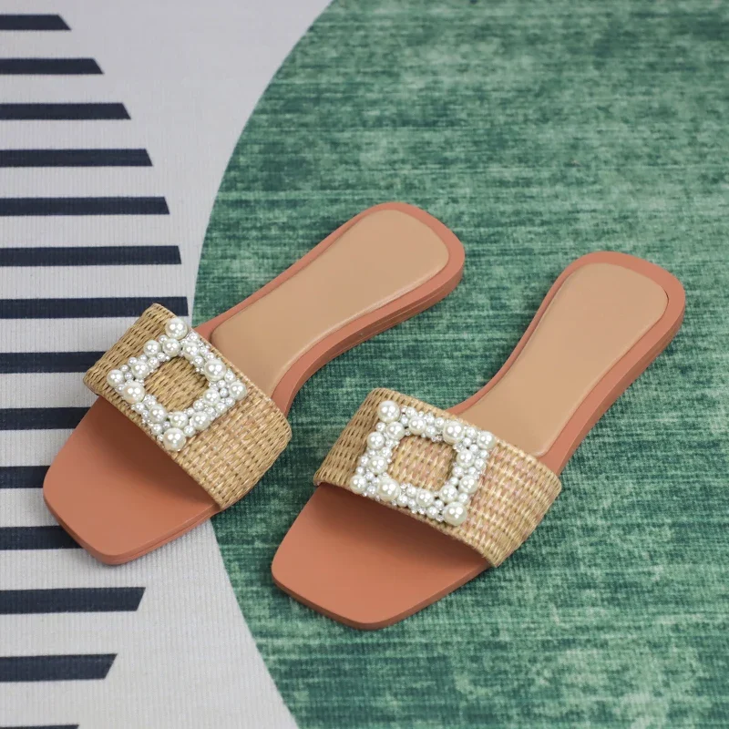 Casual Women\'s Slippers Fashion Flat Pearl Ladies Flip Flops Travel Beach Slides with Square Buckle Design Summer Woman Shoes