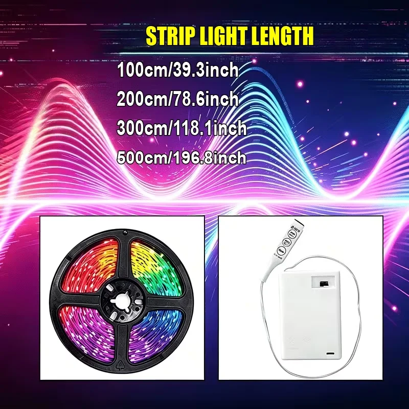 Lqhzmyy 5050 Rgb Led Light Strip, with Battery Box (Batteries Not Included), Power Switch and 3-Key Controller, Available in Lengths of 39.3inch / 78.6inch / 118.1inch / 196.8inch , Can Be Cut to Size, Ideal for Internet Cafes, Gaming, Ktv, Family Parties, Parent-Child Activities, Camping, Birthdays, and Holiday Decorations