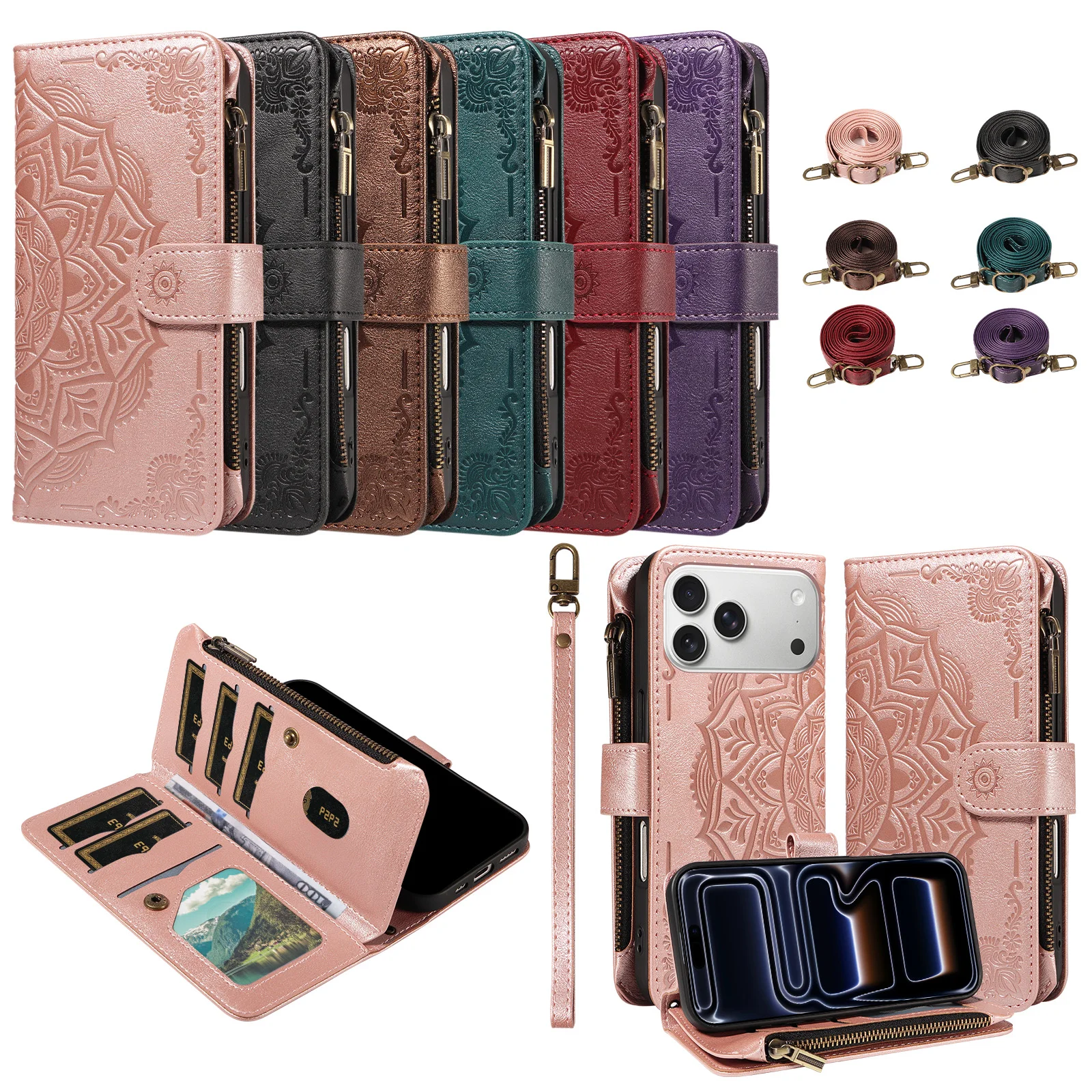 Crossbody Leather Zipper Wallet Case For Samsung Galaxy A73 5G A53 A33 A23 A13 A72 A52 A32 A22 A12 Flower 9 Cards Slot Cover
