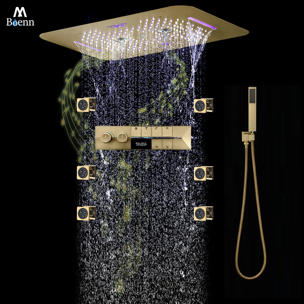 M Boenn Bathroom Shower System Waterfall Showerhead Luxurious Brushed Gold Shower Head Push Button Type Thermostat Faucet mixer