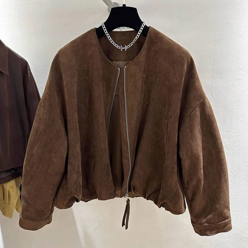 Outono vintage jaqueta com zíper feminino manga longa o pescoço streetwear casacos soltos sólido simples casual retro preppy feminino novo outwear