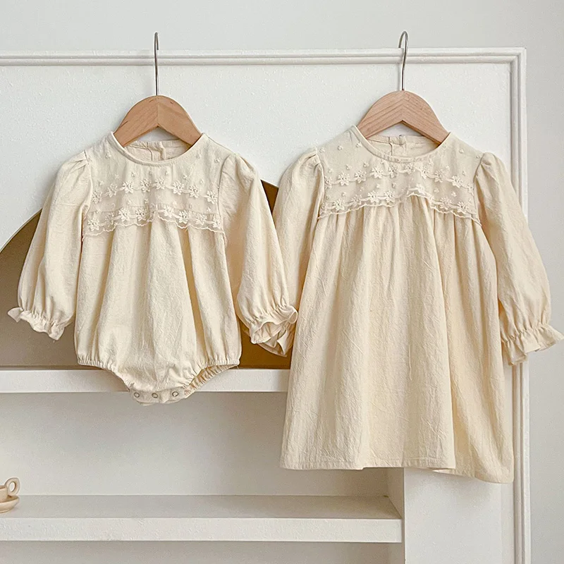 Sister Dress Family Matching Outfit Autumn Baby Girls Clothes Long Sleeve Flower Lace Girl Dress Baby Romper Princess Dresses