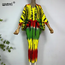 WINYI Pleated ladies dress color Bohemian print V-neck long sleeve loose calf kaftan casual style 2023 beach Caftan