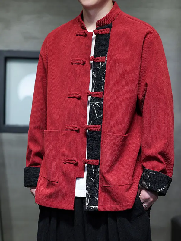 

Loose Men's Jaet Long Sve Stand Collar Red Outerwear Buttoned Tang Costume Large Size New Chinese Sle Autumn Faion