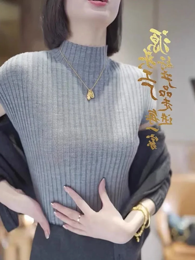 

Стильный вязаный топ с коротким рукавом для женщин, облегающий пуловер с высоким воротом в корейском стиле, для повседневной носки, весна-осень, базовая модель