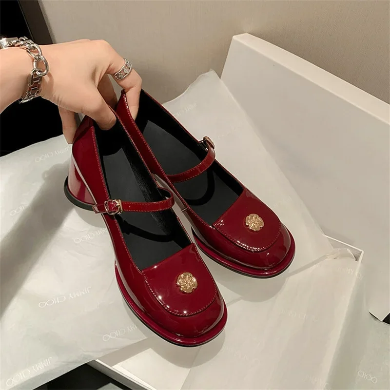 Buckle Strap High Heels Women Mary Janes Shoes Metal Decoration Zapatos Mujer Solid Color Ladies Pumps Round Toe Luxury Design