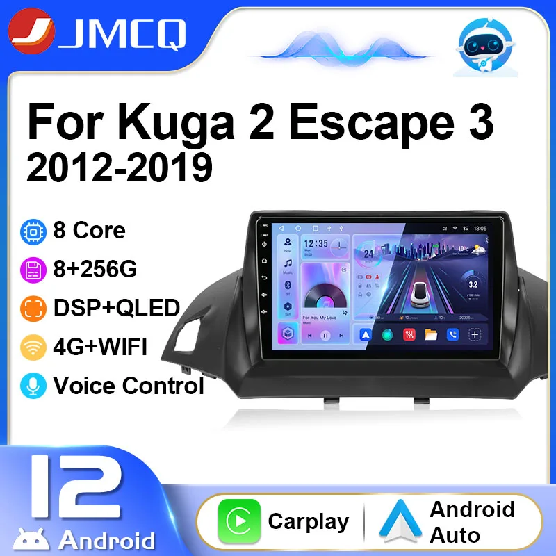 

JMCQ Car Radio Multimedia Video Player for Ford C-MAX Kuga 2 Escape 3 2012 - 2019 Navigation GPS Carplay 2Din 4G Android 12