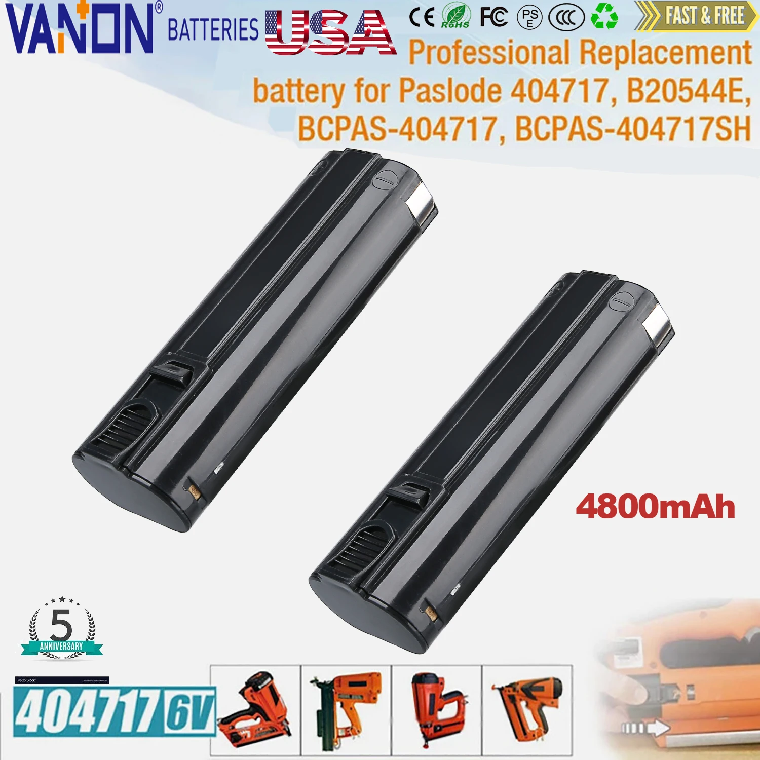 

VANON 2 x 4.8Ah 404717 Replace For Paslode 6V Rechargeable Ni-MH Battery Pin 900400 900420 404400 IM250 Suit for Original Tools