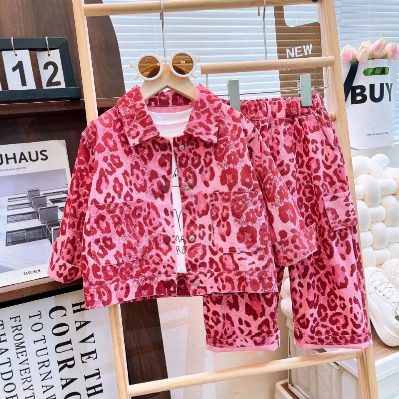 Girls' 2025 Autumn New Children's Clothing Pink Leopard Print Set, Long Sleeved Jacket, Long Pants Two-piece Set