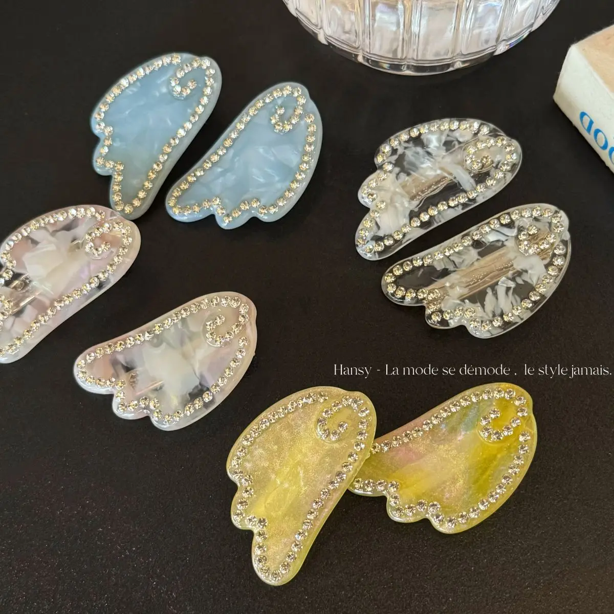 Hair Clip Acetate Clear Rhinestone Cute Wing Bangs Flyaway Side Clip Non Slip Lightweight Elegant Women Office Party Accessory