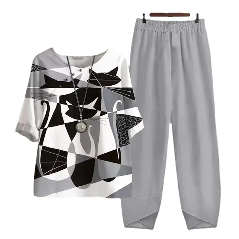 

Пуловер с круглым вырезом, топ с рукавами пять четвертей и брюки с принтом, комплект из двух предметов, осенне-зимняя новая одежда 2025, модная высокая одежда