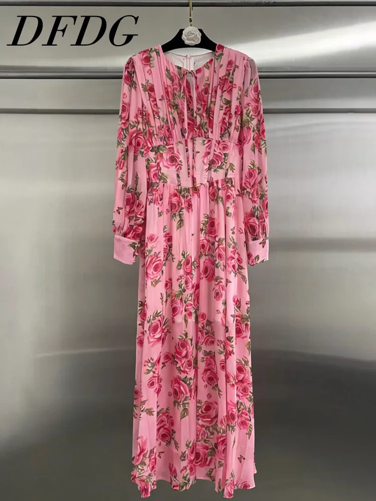 

DFDG Women's Spring Summer Pink Rose Print Long Sleeve Maxi Dress Pleated Casual Vacation Wear 2026 Trendy Feminine Outfit Dress