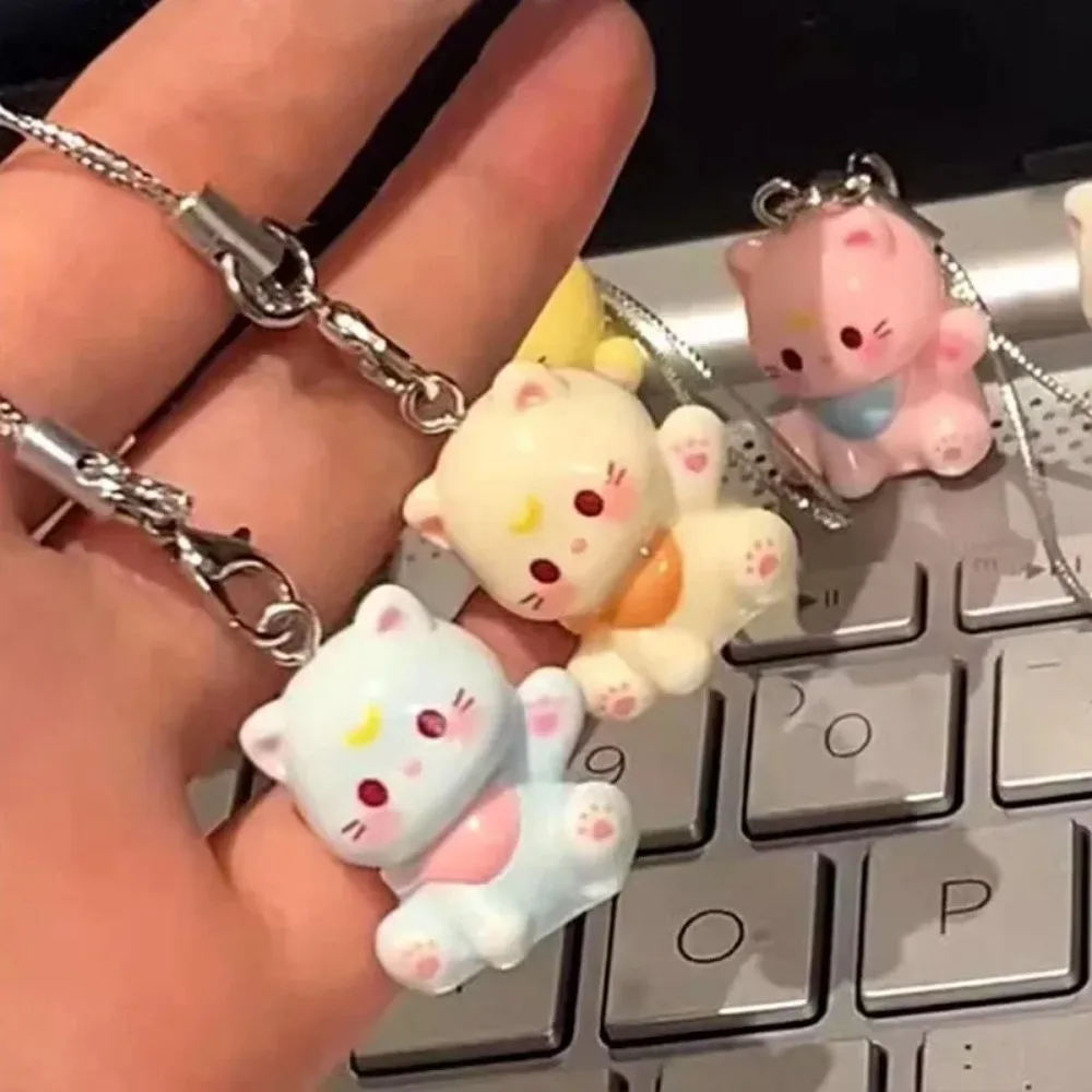 موضة جديدة الكرتون القط الصغير لطيف المفاتيح سلسلة الهاتف الراتنج كيرينغ حقيبة قلادة زوجين سلسلة مفاتيح هدايا النساء للمجوهرات