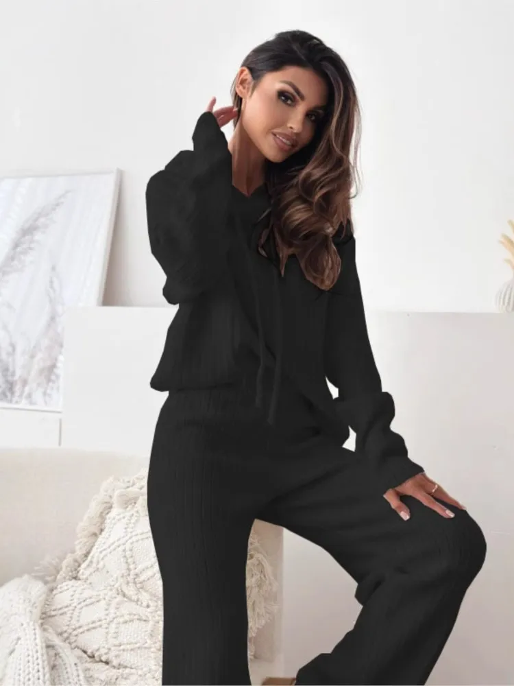 Autumn Winter Casual Solid Color Hooded Knitted Long-sleeved Suit Women\'s Loose Trousers Two-piece Set New Fashion Black Sets