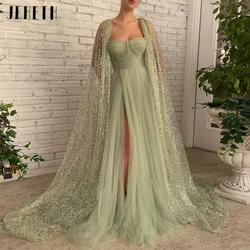 Jess salvia verde linha A vestido de baile de brilho de esponja de esponja doce de alta fendJEHETH-Verde A-Line Prom Dresses com Glitter Sequin Lace Cape, Sweetheart High Slit, Tule Vestidos de Noite, Formal Party Gown