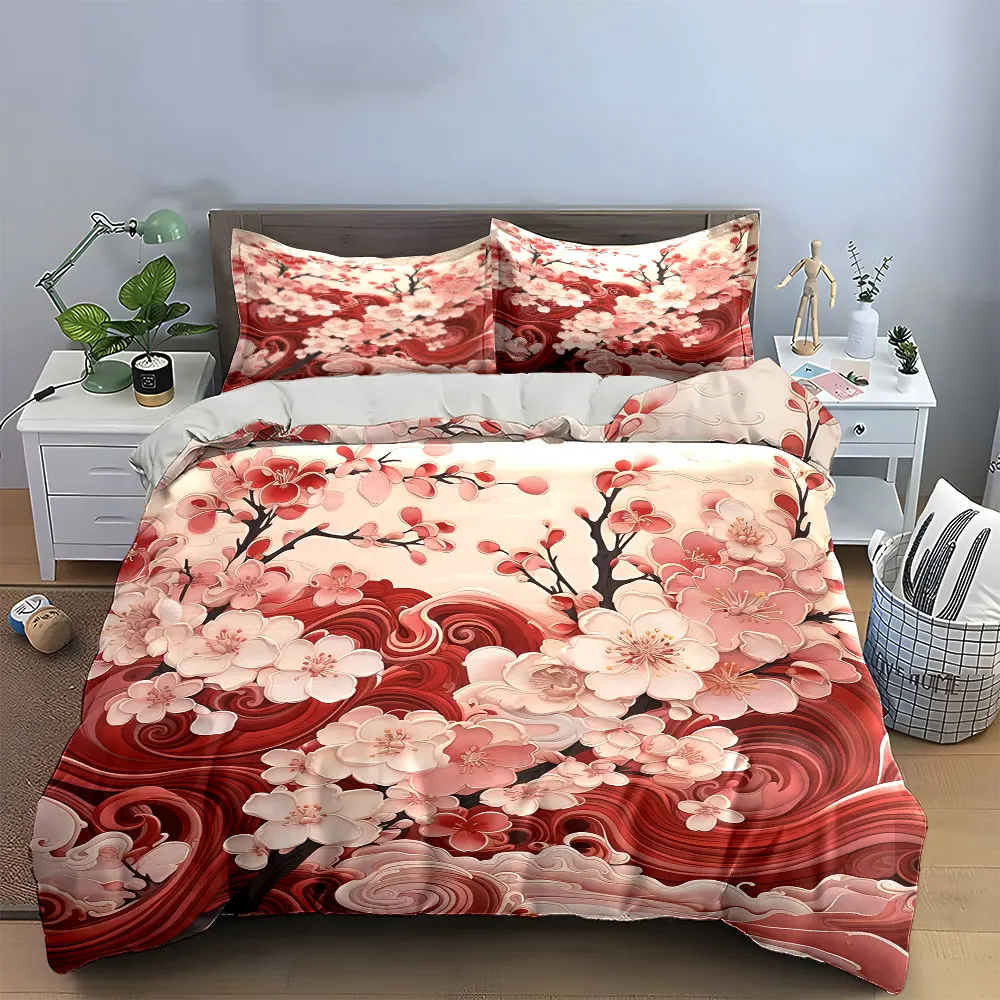 Cherry Blossom Art Decor Set Bedding Set with 1 Duvet Cover 2 Pillowcases Single Double King Queen, Gift