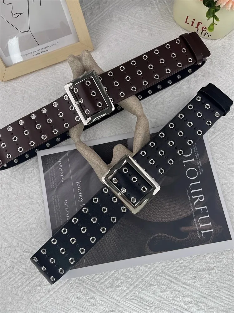 Women's Fashion PU Leather Hollow Out Rivet Punk Corset Female Cummerbund Coat Waistband Dress Decration Wide Belt  J606